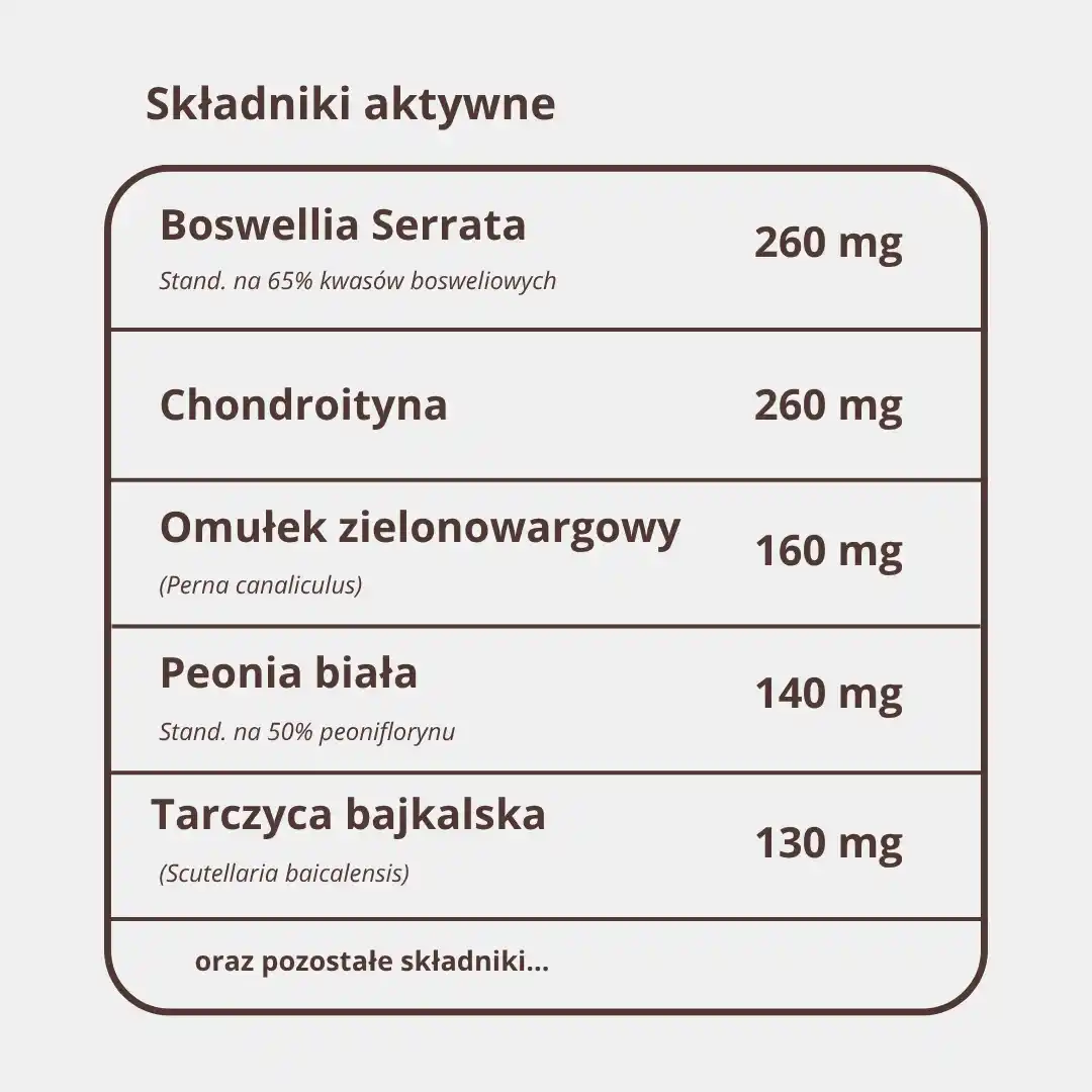 Tabela składników ArthroMED: kadzidłowiec 65% kwasów bosweliowych, chondroityna, omułek zielony, peonia 50%