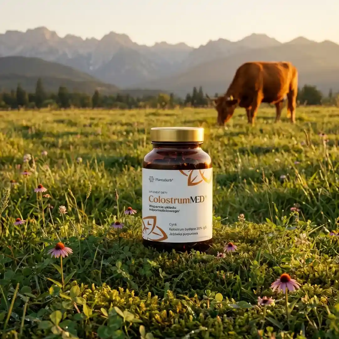 Suplement diety ColostrumMED PlantaHerb – kapsułki z kolostrum bydlęcym 30% IgG, ujęcie aranżacyjne