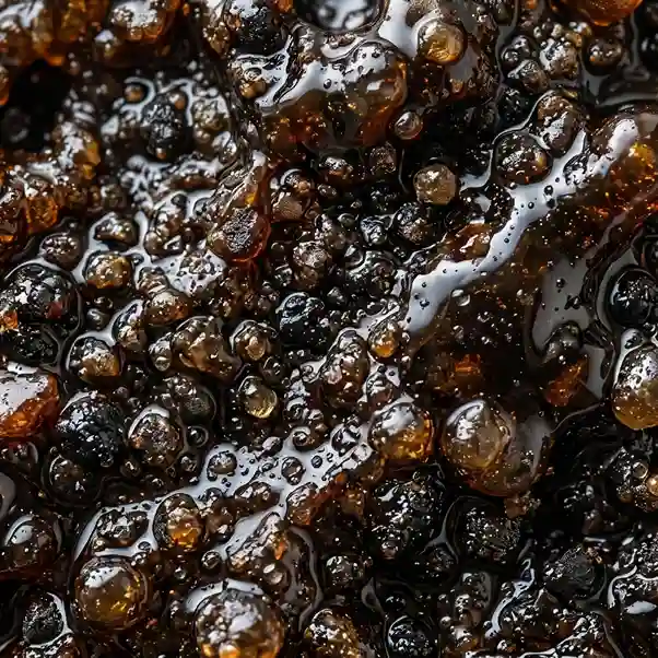 (shilajit) – zbliżenie Zbliżenie na surowe mumio (shilajit) w postaci gęstej, smolistej masy