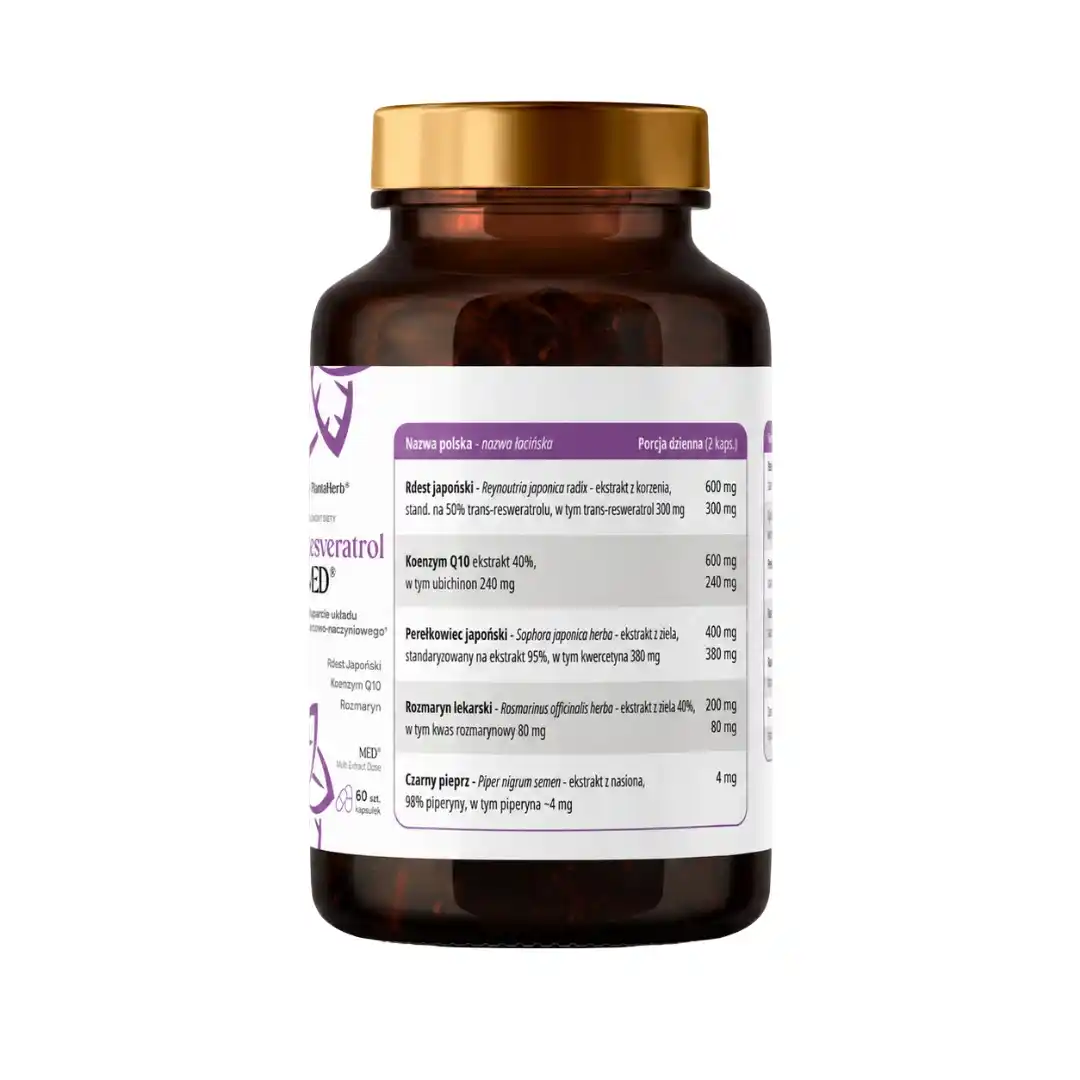 Tył opakowania ResveratrolMED PlantaHerb – etykieta ze składem, dawkowaniem i danymi producenta