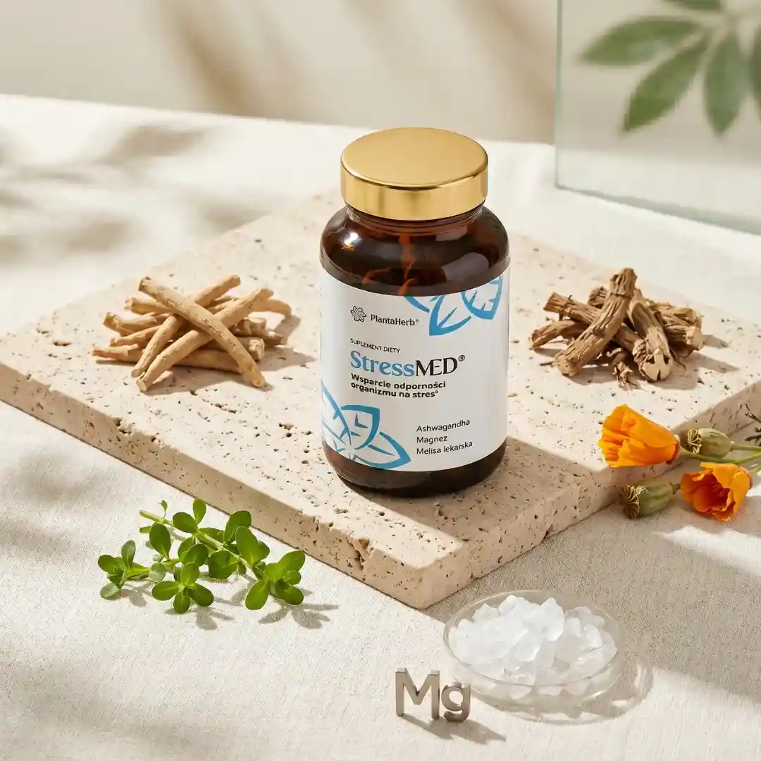 Suplement diety StressMED PlantaHerb – kapsułki z ashwagandhą i ekstraktami roślinnymi, ujęcie aranżacyjne
